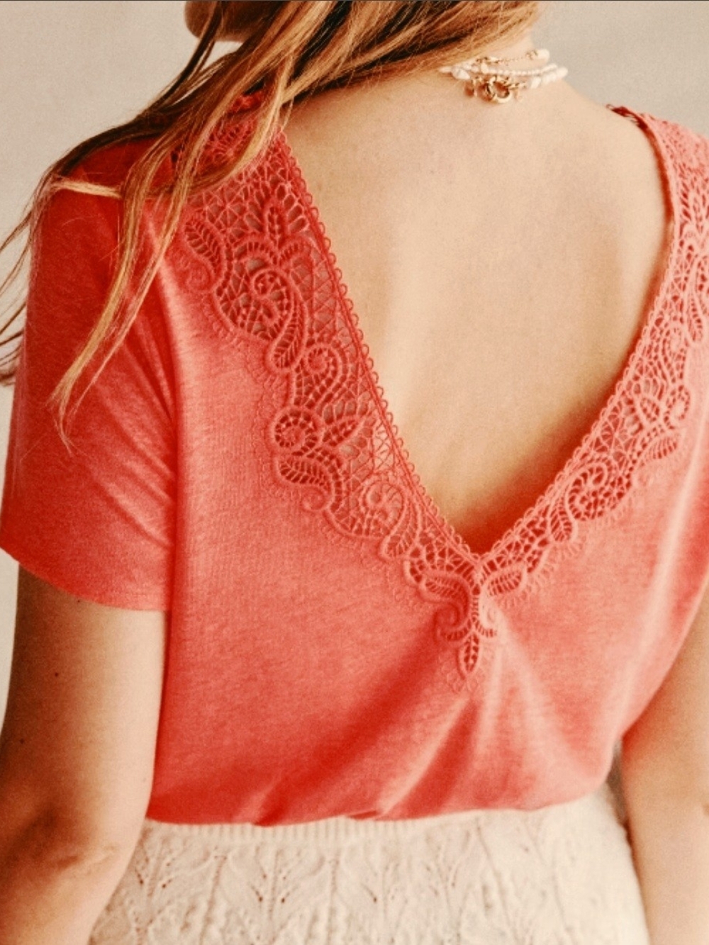 Sezane Mina Rose Apricot Lace-Trim V-Neck Back Tee